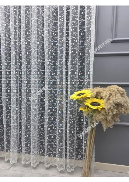 Tül Perde Kırık Beyaz Ekru Çiçek Desenli Işlemeli Salon Mutfak Kısa Petek Üstü Kırışmaz Sık Pileli