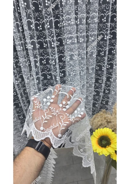 Tül Perde Kırık Beyaz Ekru Çiçek Desenli Işlemeli Salon Mutfak Kısa Petek Üstü Kırışmaz Sık Pileli fiyatları