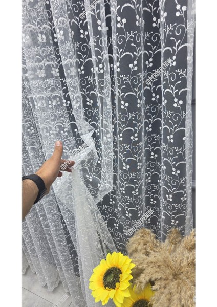 Tül Perde Kırık Beyaz Ekru Çiçek Desenli Işlemeli Salon Mutfak Kısa Petek Üstü Kırışmaz Sık Pileli