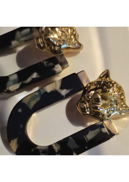 Wild Panther Altın Kaplama Kadın Küpe (Siyah-Beyaz-Mavi Desenli, Panter Başı Detaylı, Nikel Içermez) – Fundéa Jewelry
