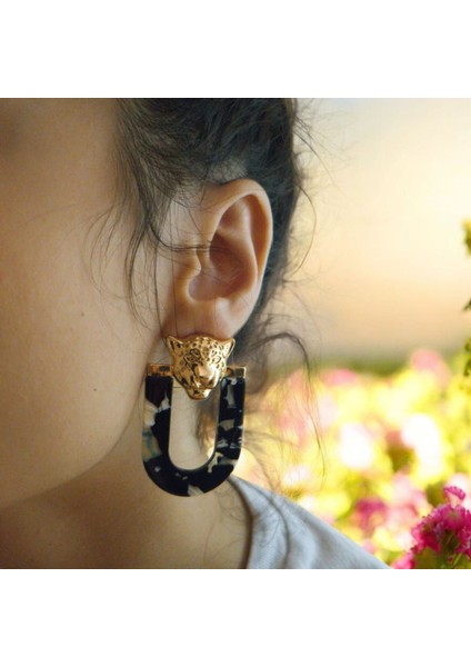 Wild Panther Altın Kaplama Kadın Küpe (Siyah-Beyaz-Mavi Desenli, Panter Başı Detaylı, Nikel Içermez) – Fundéa Jewelry modelleri