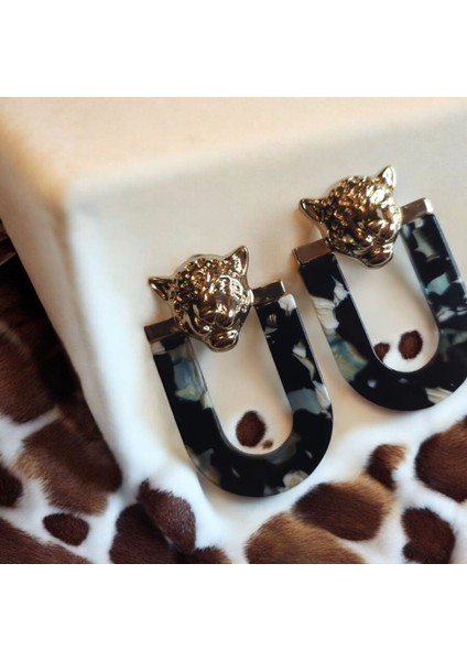Wild Panther Altın Kaplama Kadın Küpe (Siyah-Beyaz-Mavi Desenli, Panter Başı Detaylı, Nikel Içermez) – Fundéa Jewelry fırsatları