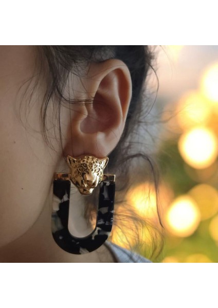 Wild Panther Altın Kaplama Kadın Küpe (Siyah-Beyaz-Mavi Desenli, Panter Başı Detaylı, Nikel Içermez) – Fundéa Jewelry indirimleri