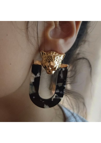 Wild Panther Altın Kaplama Kadın Küpe (Siyah-Beyaz-Mavi Desenli, Panter Başı Detaylı, Nikel Içermez) – Fundéa Jewelry