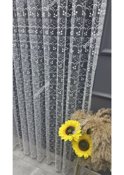 Tül Perde Kırık Beyaz Ekru Çiçek Desenli Işlemeli Salon Mutfak Kısa Petek Üstü Kırışmaz Sık Pileli