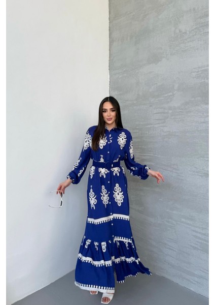 Etnik Desenli Viskon Uzun Kollu Kemerli Elbise