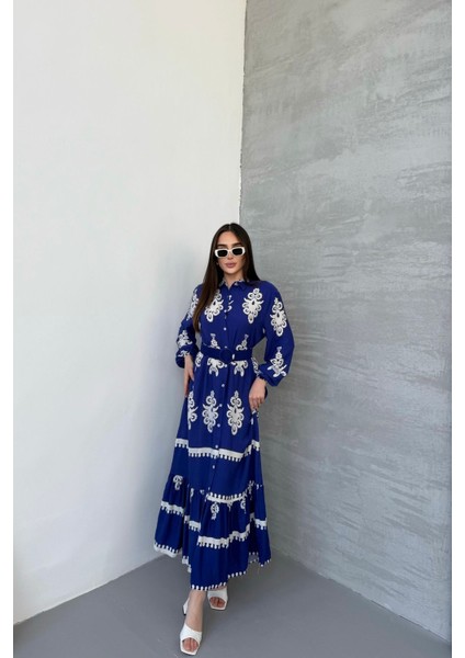 Etnik Desenli Viskon Uzun Kollu Kemerli Elbise fiyatları