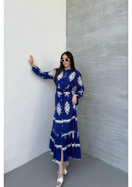 Etnik Desenli Viskon Uzun Kollu Kemerli Elbise modelleri