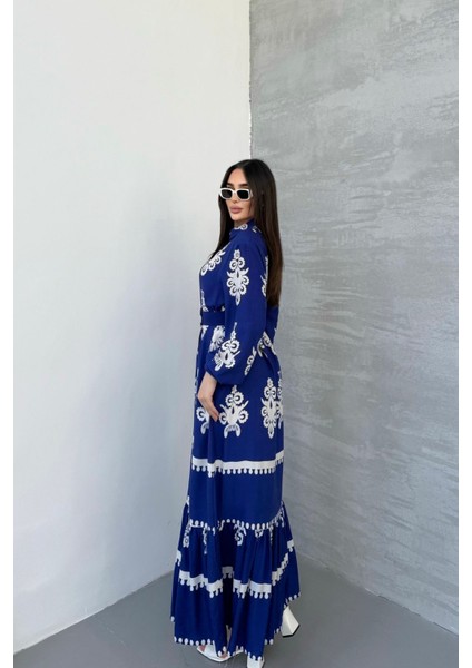 Etnik Desenli Viskon Uzun Kollu Kemerli Elbise indirimleri