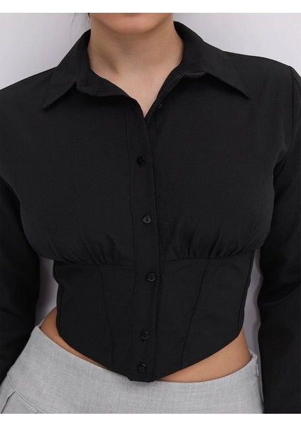 Kadın Gömlek Crop Slim Fit Dar Kesim Beli Lastikli