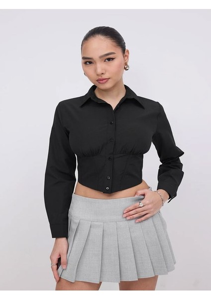 Kadın Gömlek Crop Slim Fit Dar Kesim Beli Lastikli fırsatları