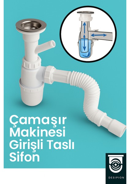 Koku Önleyici Çamaşır Makinesi Girişli Taslı Sifon - Dayanıklı ve Verimli Su Drenajı