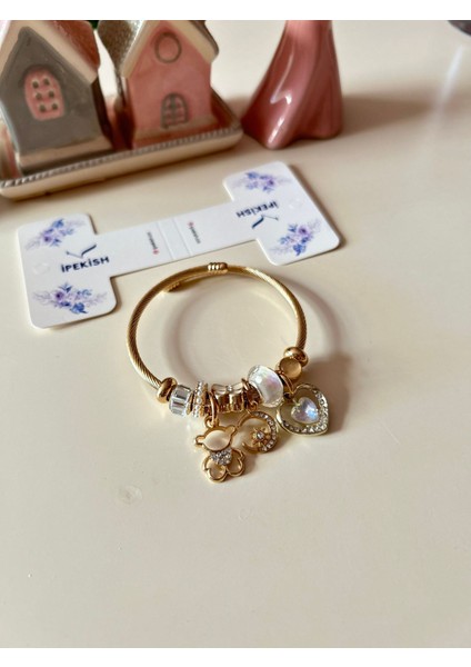 Gold Charm Bileklik, Zirkon Ay & Yıldız, Parlak Kalp, Figürlü – Paslanmaz Çelik fiyatları