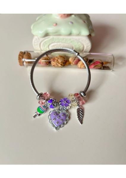 Mor Zirkon Taşlı Kalpli Silver Charm Bileklik | Ayarlanabilir & Işıltılı Stil