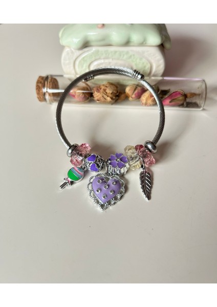 Mor Zirkon Taşlı Kalpli Silver Charm Bileklik | Ayarlanabilir & Işıltılı Stil modelleri