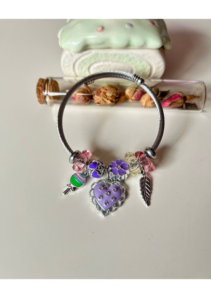Mor Zirkon Taşlı Kalpli Silver Charm Bileklik | Ayarlanabilir & Işıltılı Stil fırsatları
