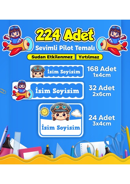 Sevimli Pilot Temalı Okul Kreş Kişiye Özel Isim Etiket Seti - Model 321