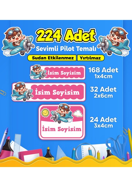 Sevimli Pilot Temalı Okul Kreş Kişiye Özel Isim Etiket Seti - Model 326