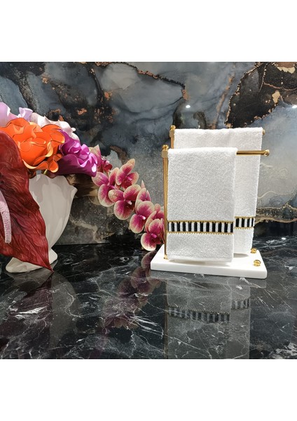 Desenli Siyah Beyaz ve Gold Detaylı Nakışlı Dekoratif Mutfak ve Banyo Havlusu 2 Adet