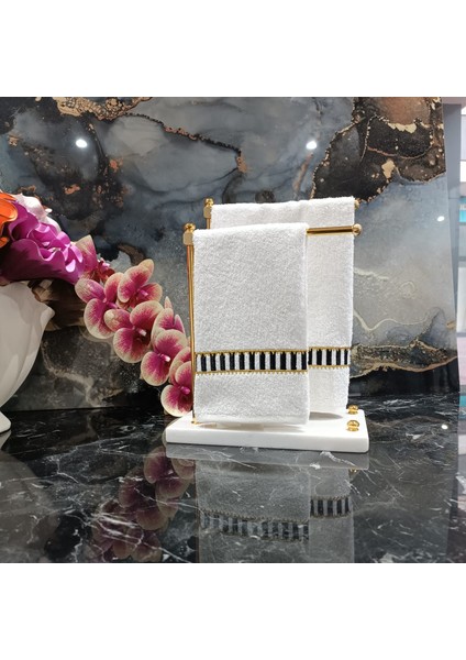 Desenli Siyah Beyaz ve Gold Detaylı Nakışlı Dekoratif Mutfak ve Banyo Havlusu 2 Adet modelleri