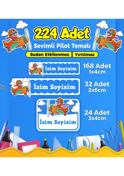 Sevimli Pilot Temalı Okul Kreş Kişiye Özel Isim Etiket Seti - Model 329