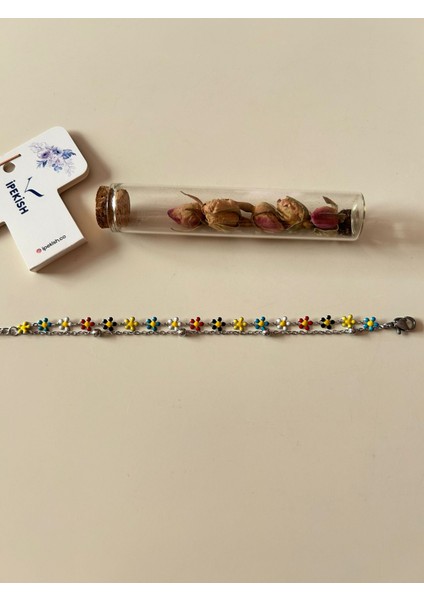 Silver Renk Çift Zincirli Renkli Papatya Detaylı Ayarlanabilir Bileklik – Paslanmaz Çelik