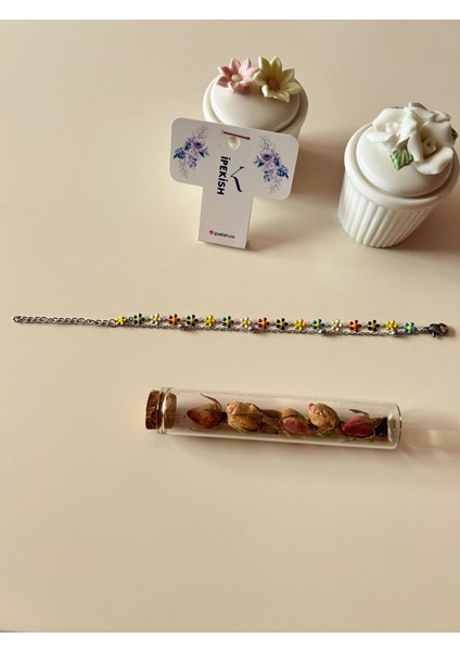 Silver Renk Çift Zincirli Renkli Papatya Detaylı Ayarlanabilir Bileklik – Paslanmaz Çelik fiyatları