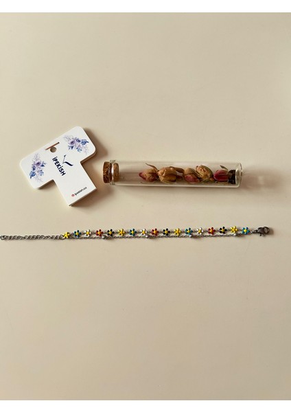 Silver Renk Çift Zincirli Renkli Papatya Detaylı Ayarlanabilir Bileklik – Paslanmaz Çelik modelleri