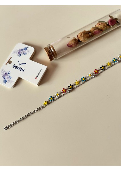 Silver Renk Çift Zincirli Renkli Papatya Detaylı Ayarlanabilir Bileklik – Paslanmaz Çelik indirimleri