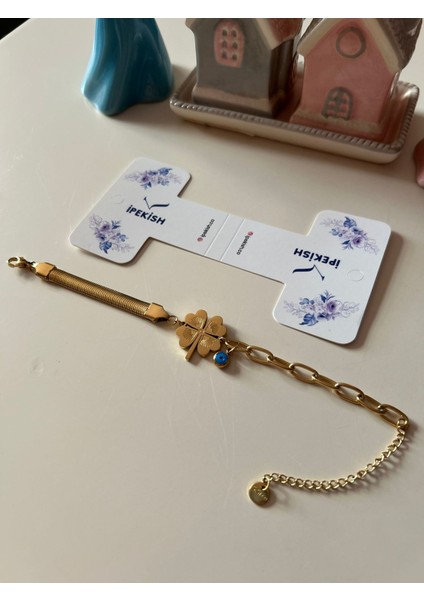 Gold Zincir Bileklik, Yonca Figürü & Nazar Boncuğu – Ayarlanabilir – Paslanmaz Çelik fiyatları