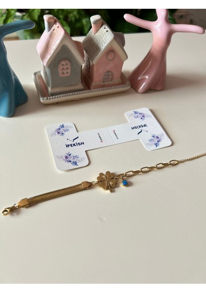 Gold Zincir Bileklik, Yonca Figürü & Nazar Boncuğu – Ayarlanabilir – Paslanmaz Çelik modelleri