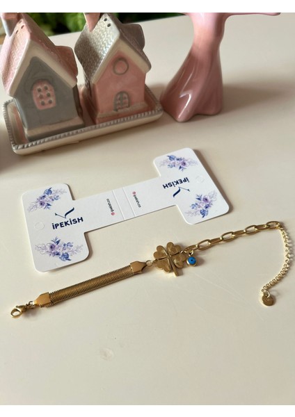 Gold Zincir Bileklik, Yonca Figürü & Nazar Boncuğu – Ayarlanabilir – Paslanmaz Çelik fırsatları