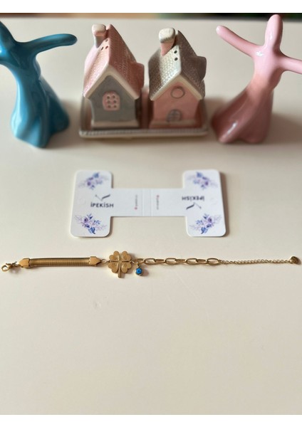 Gold Zincir Bileklik, Yonca Figürü & Nazar Boncuğu – Ayarlanabilir – Paslanmaz Çelik indirimleri