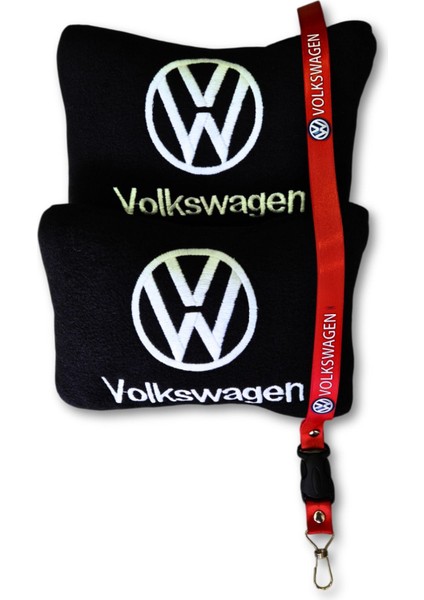 Volkswagen Uyumlu Siyah Polar Ortopedik Araç Koltuk Seyahat Boyun Yastık & Kırmızı Oto Ayna Askısı
