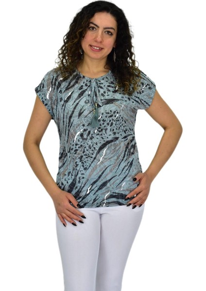 Kadın Kısa Kol Baskılı Bluz BGL-ST04706