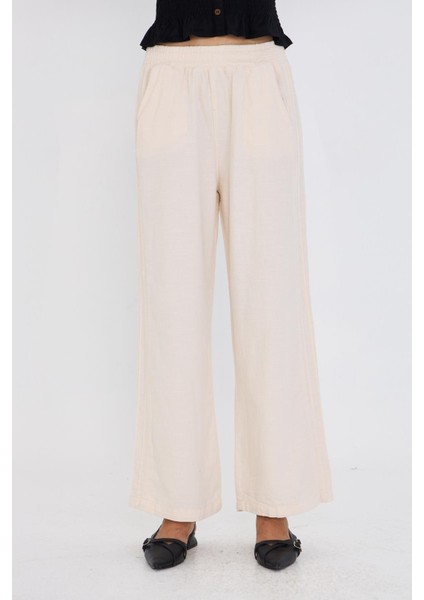 Şeritli Bol Paça Pantolon - Ekru fiyatları