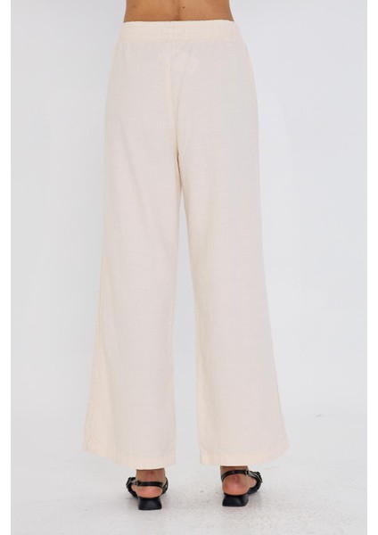 Şeritli Bol Paça Pantolon - Ekru modelleri