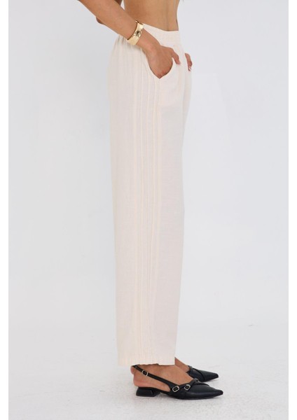 Şeritli Bol Paça Pantolon - Ekru indirimleri