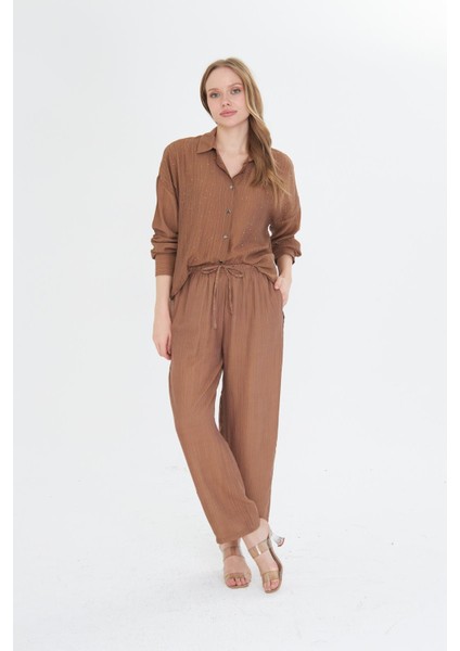 Beli Lastikli Çizgili Rayon Pantolon