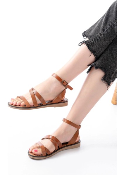 205-209 Taba Hakiki Deri Tokalı Parmak Arası Kadın Sandalet