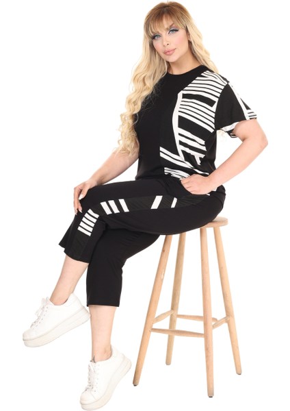 Butik Siyah Kısa Kol Yarım Çizgi Garnili Viskon Kapri Takım modelleri