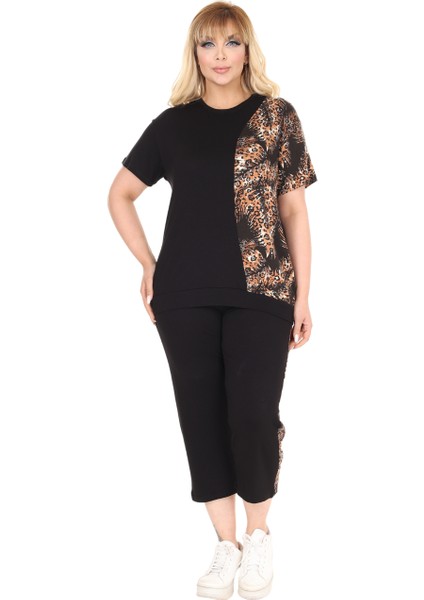 Butik Siyah Kısa Kol Yarım Başak Garnili Viskon Kapri Takım