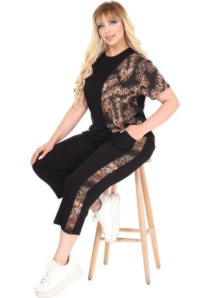 Butik Siyah Kısa Kol Yarım Başak Garnili Viskon Kapri Takım modelleri