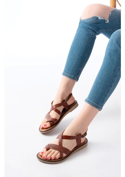 205-09 Koyu Kahve Ortopedik Hakiki Deri Kadın Sandalet