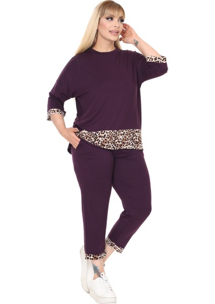 Butik Mor Leopar Şeritli Büyük Beden Kadın Kapri Takımı