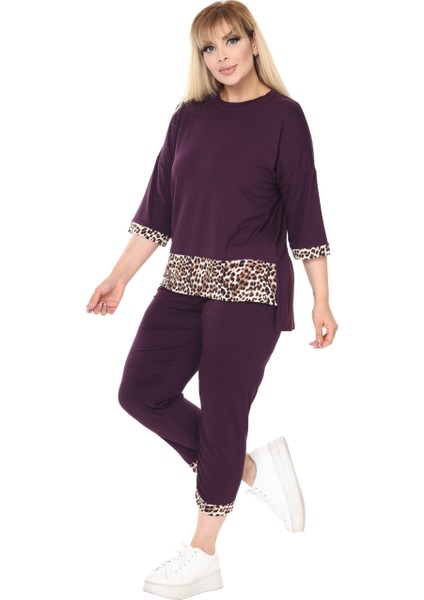 Butik Mor Leopar Şeritli Büyük Beden Kadın Kapri Takımı fiyatları