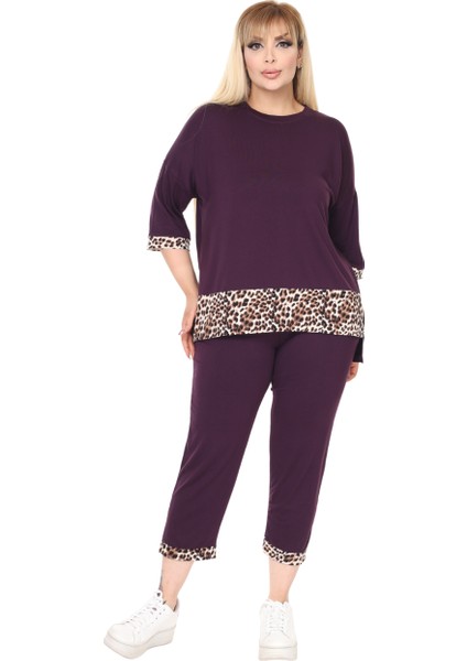 Butik Mor Leopar Şeritli Büyük Beden Kadın Kapri Takımı modelleri