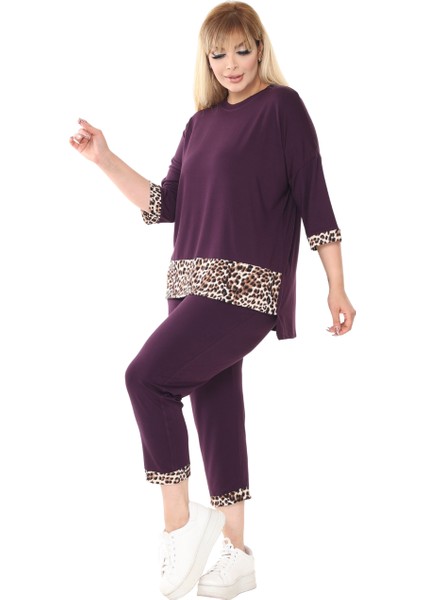 Butik Mor Leopar Şeritli Büyük Beden Kadın Kapri Takımı fırsatları