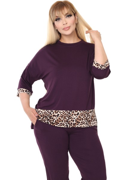 Butik Mor Leopar Şeritli Büyük Beden Kadın Kapri Takımı indirimleri
