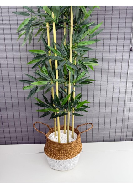 Dekoratif Yapay Yapraklı 130CM 5 Gövde Katlanır Hasır Bambu Sepetli Bambu Ağacı
